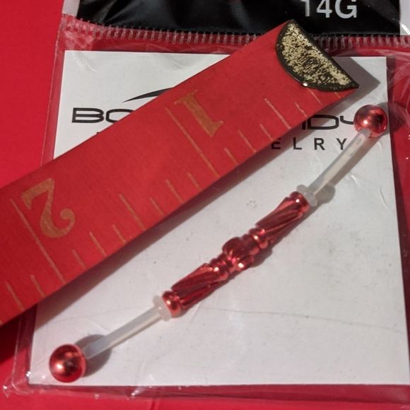 Cherry Red 14 Guage Flexible Acrylic & Metal Industrial Piercing Bar Earring - Picture 2 of 6